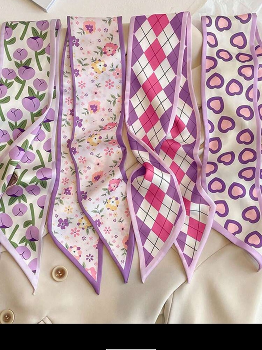 Purple Patterned Bag Scarves - Floral, Argyle & Hearts (Pack)
